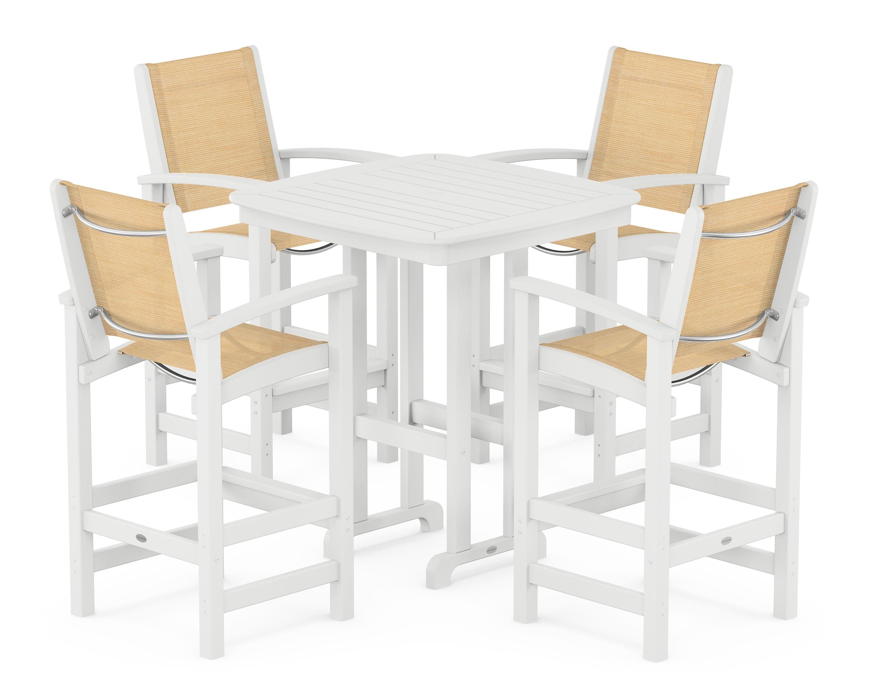 POLYWOOD® Coastal 5-Piece Bar Set in White / Dupioni Apricot Sling