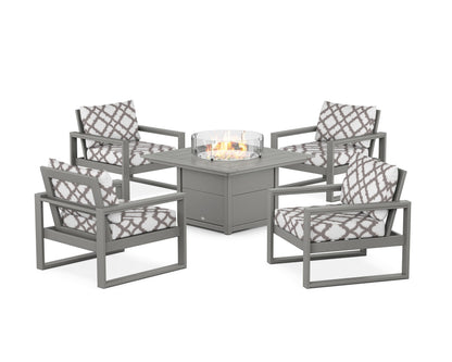 POLYWOOD® EDGE Sectional 5-Piece Deep Seating Set with Fire Pit Table in Slate Grey / Trellis Grey Mist
