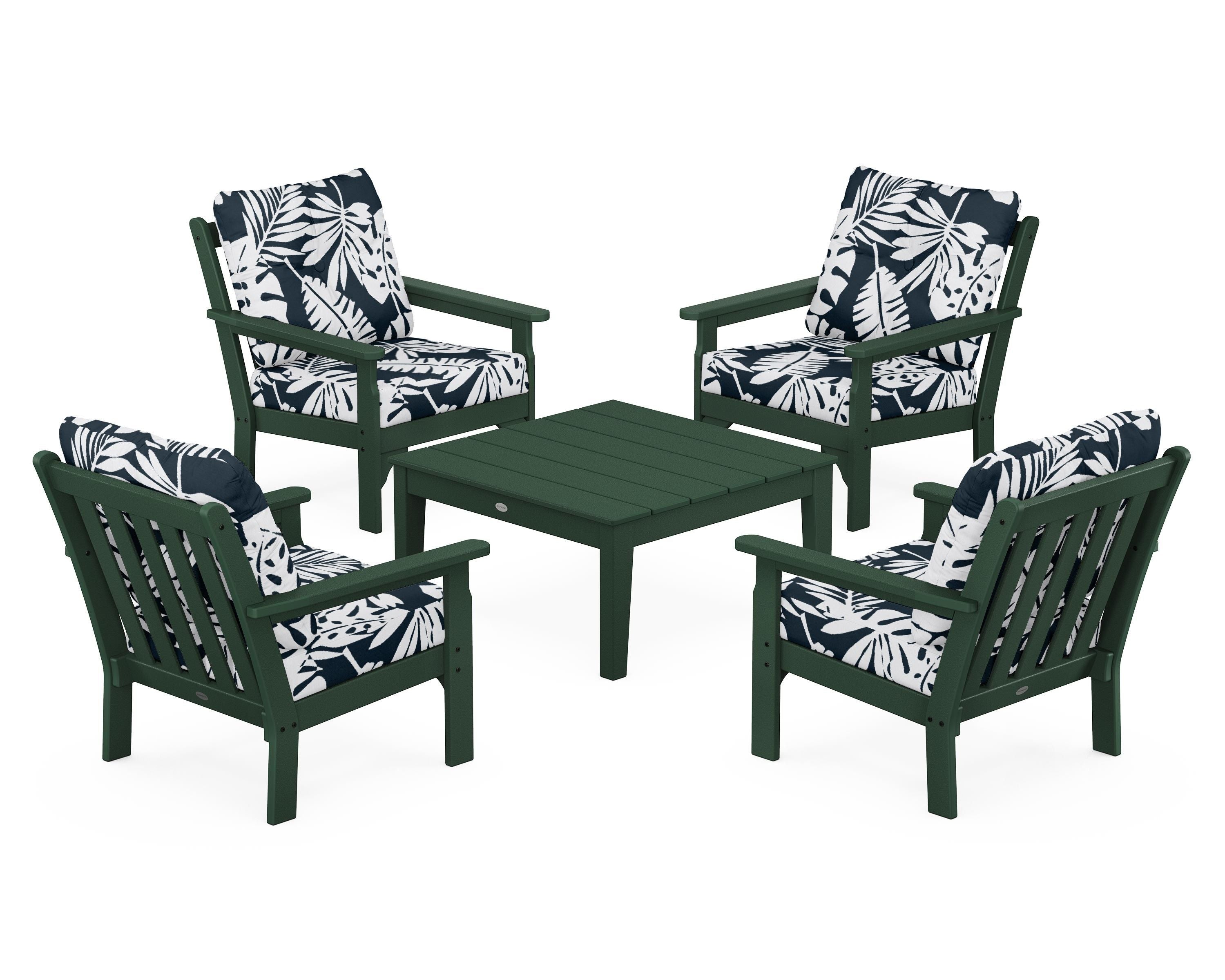 POLYWOOD® Vineyard 5-Piece Deep Seating Conversation Set in Green / Leaf Marine Indigo