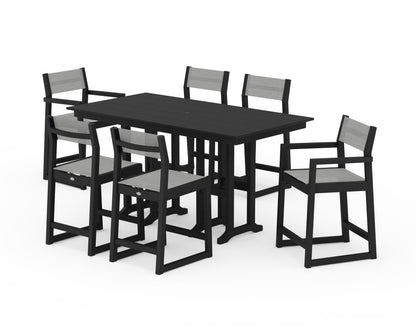 POLYWOOD® EDGE Sling 7-Piece Farmhouse Counter Set with Trestle Legs in Black / Metallic Sling