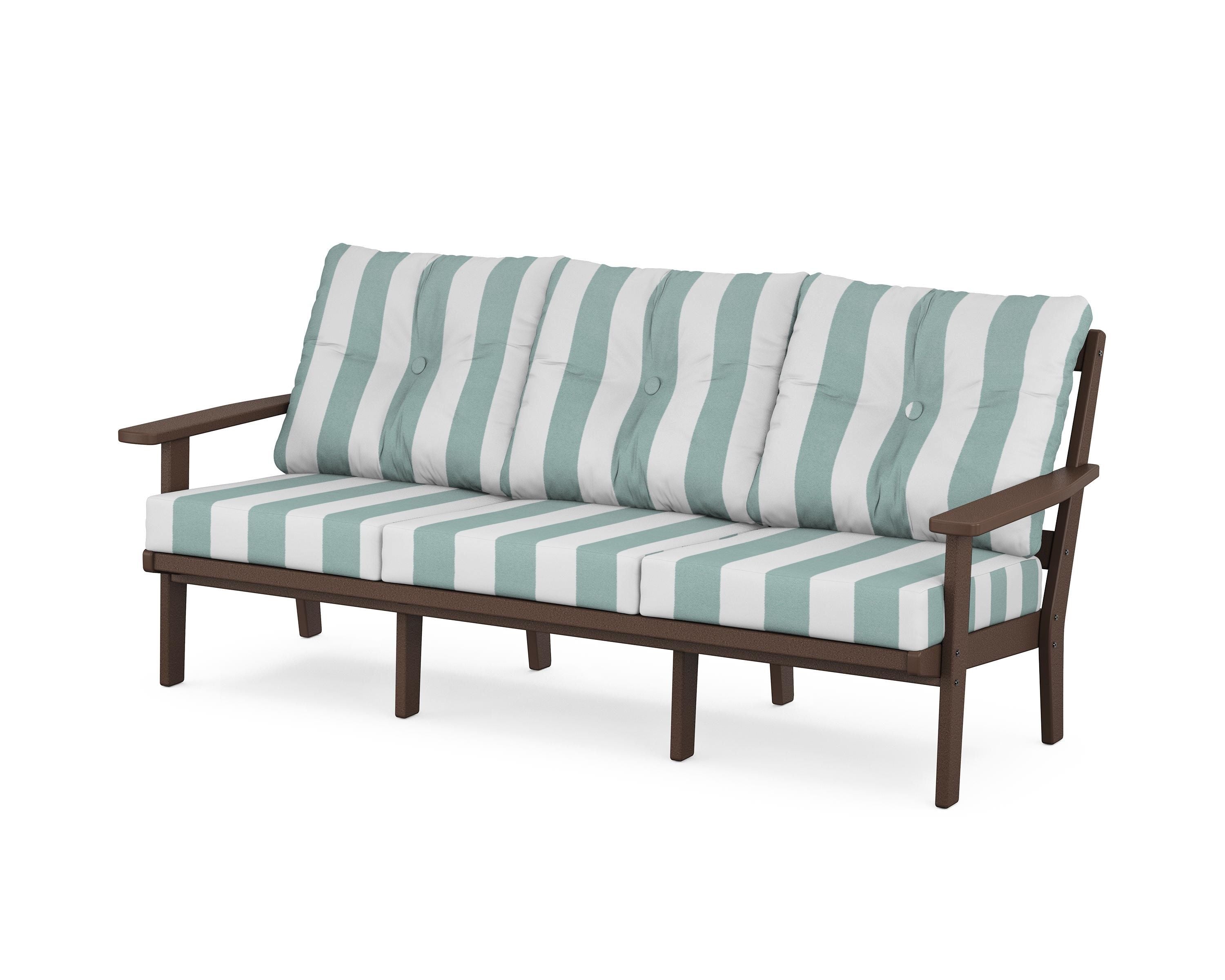 POLYWOOD® Oxford Deep Seating Sofa in Mahogany / Cabana Stripe Glacier Spa