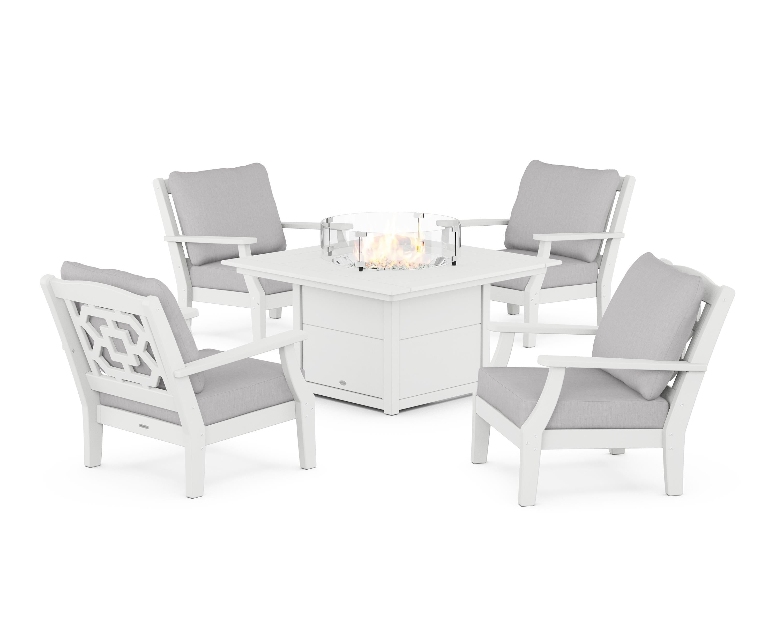 Martha Stewart by POLYWOOD® Chinoiserie 5-Piece Deep Seating Set with Fire Pit Table in White / Granite