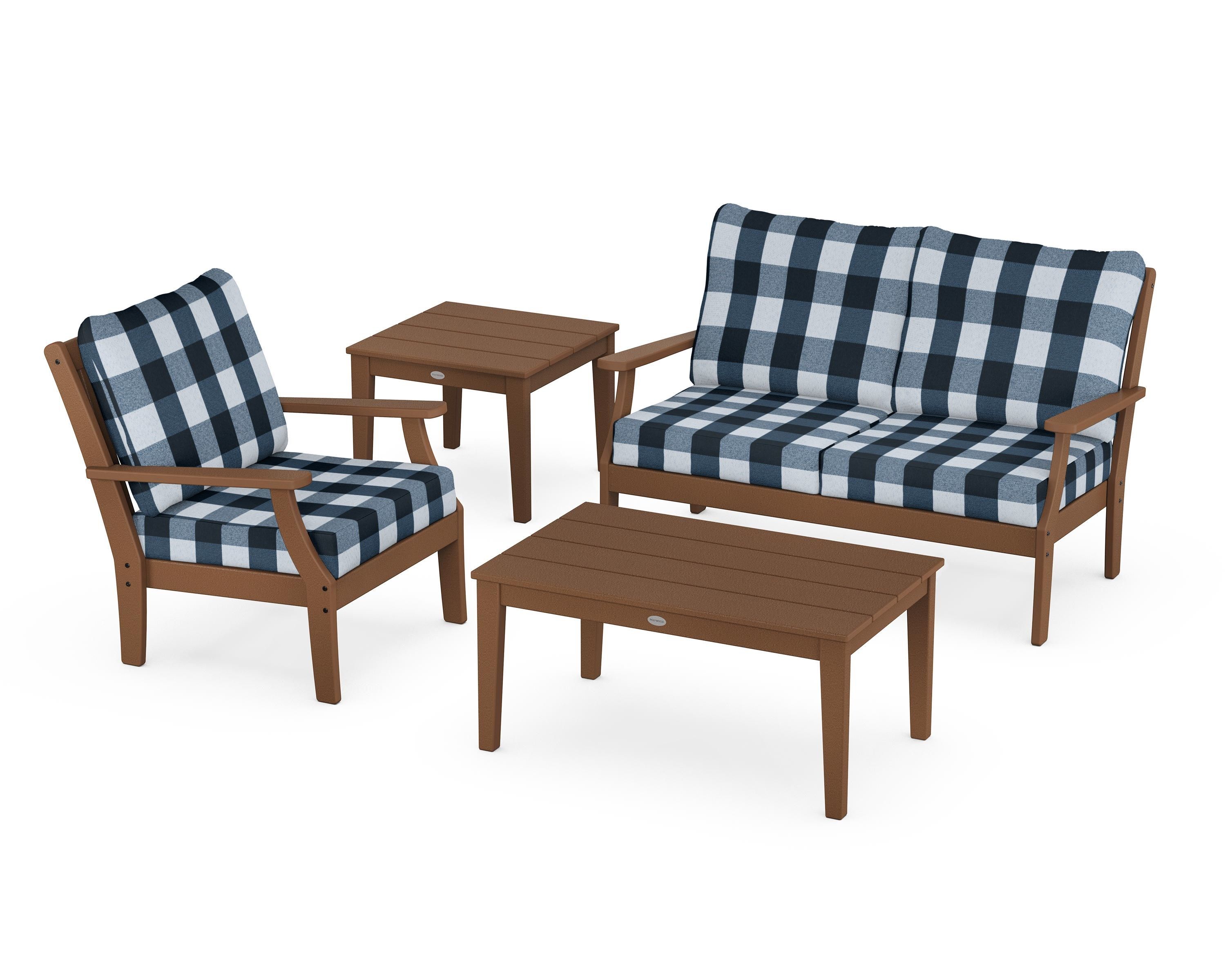 POLYWOOD® Braxton 4-Piece Deep Seating Set in Teak / Buffalo Plaid Marine Indigo