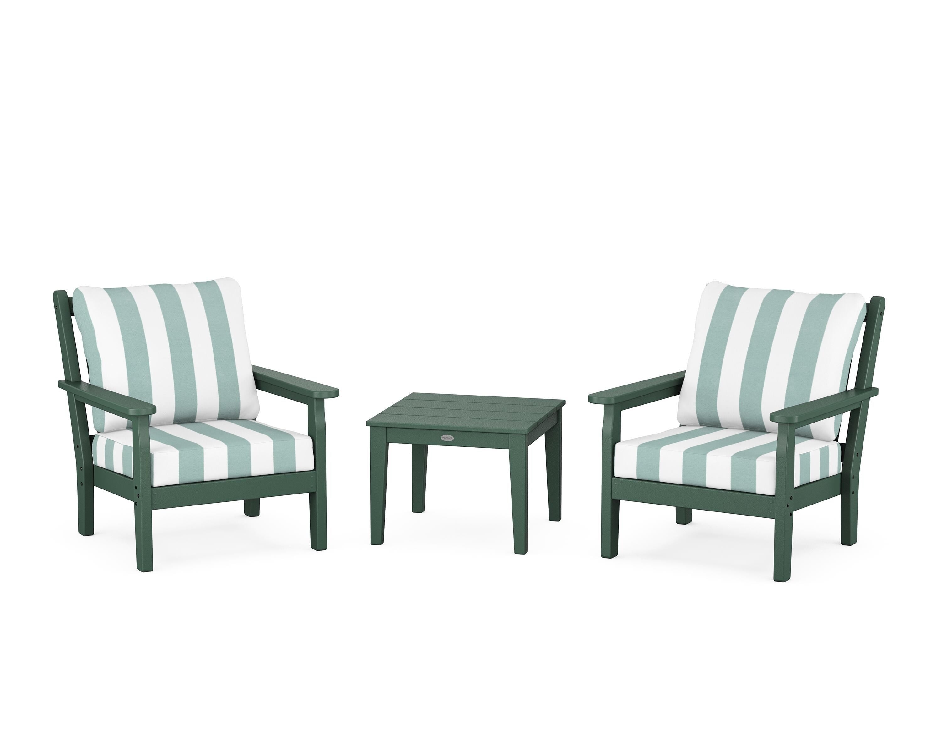 POLYWOOD® Chippendale 3-Piece Deep Seating Set in Green / Cabana Stripe Glacier Spa