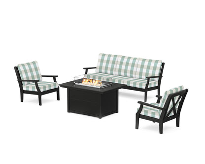 POLYWOOD® Braxton Deep Seating Fire Pit Table Set in Black / Buffalo Plaid Glacier Spa