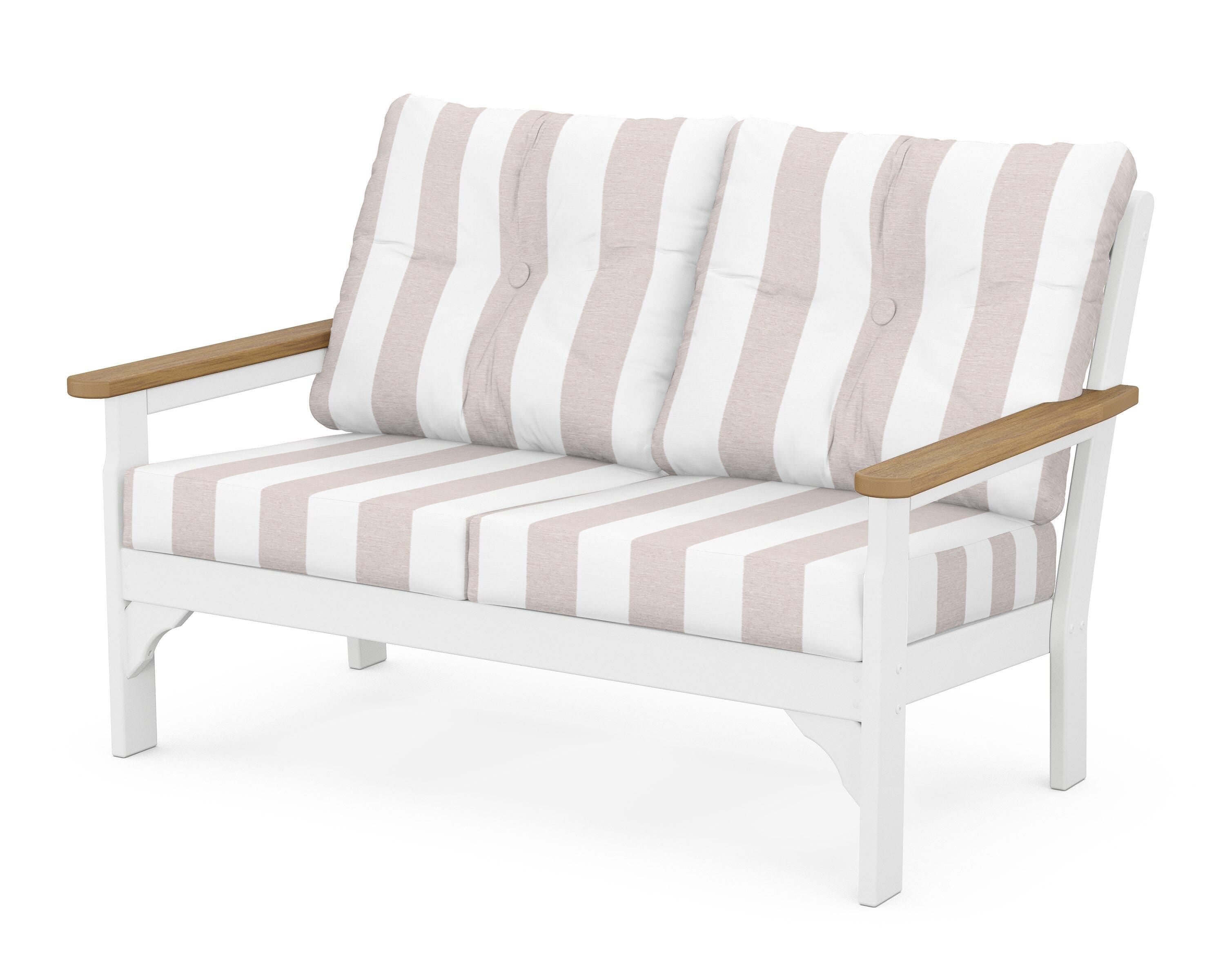 POLYWOOD® Vineyard Deep Seating Loveseat in White / Natural / Cabana Stripe Dune Burlap