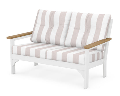 POLYWOOD® Vineyard Deep Seating Loveseat in White / Natural / Cabana Stripe Dune Burlap