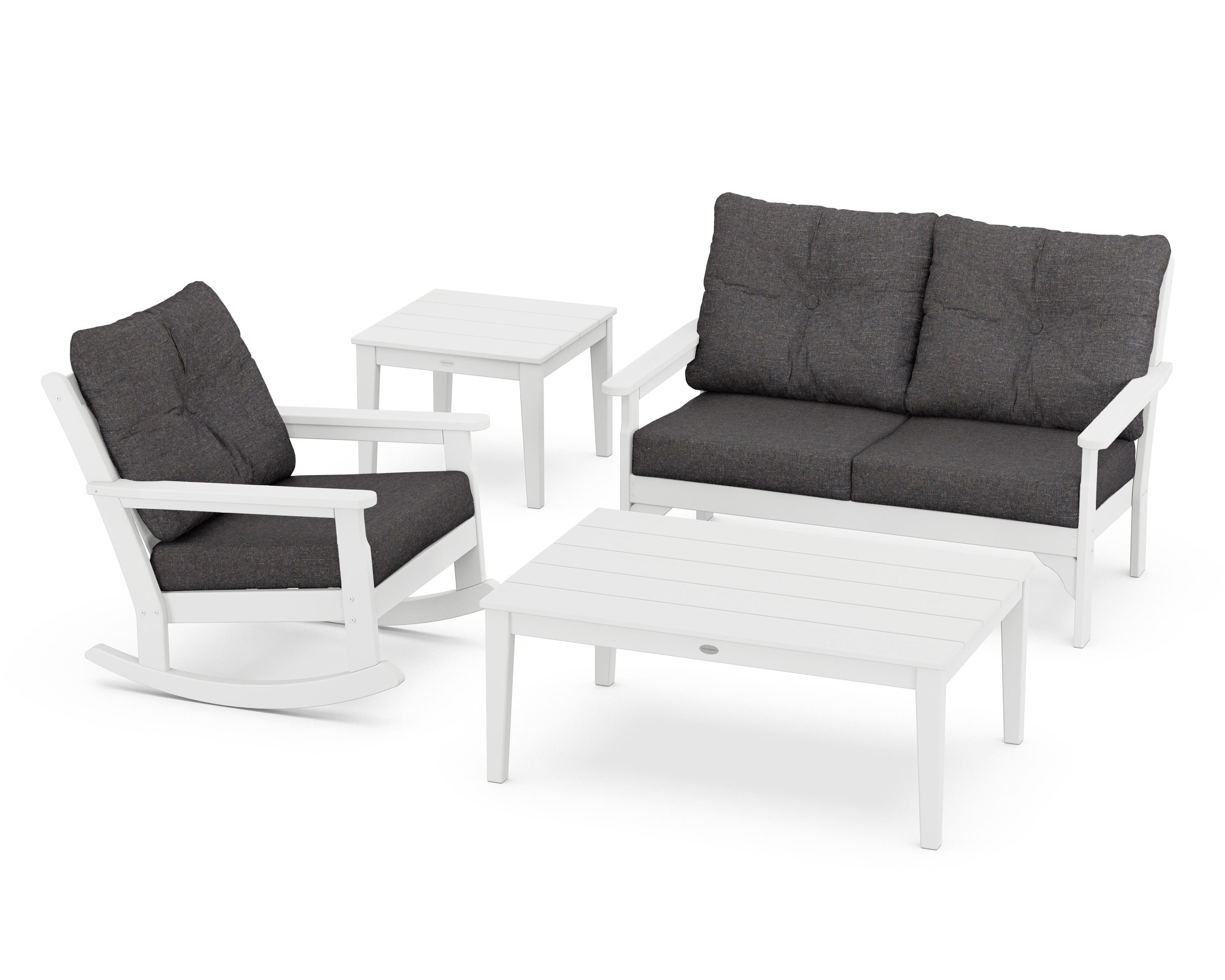 POLYWOOD® Vineyard 4-Piece Deep Seating Rocker Set in White / Ash Charcoal