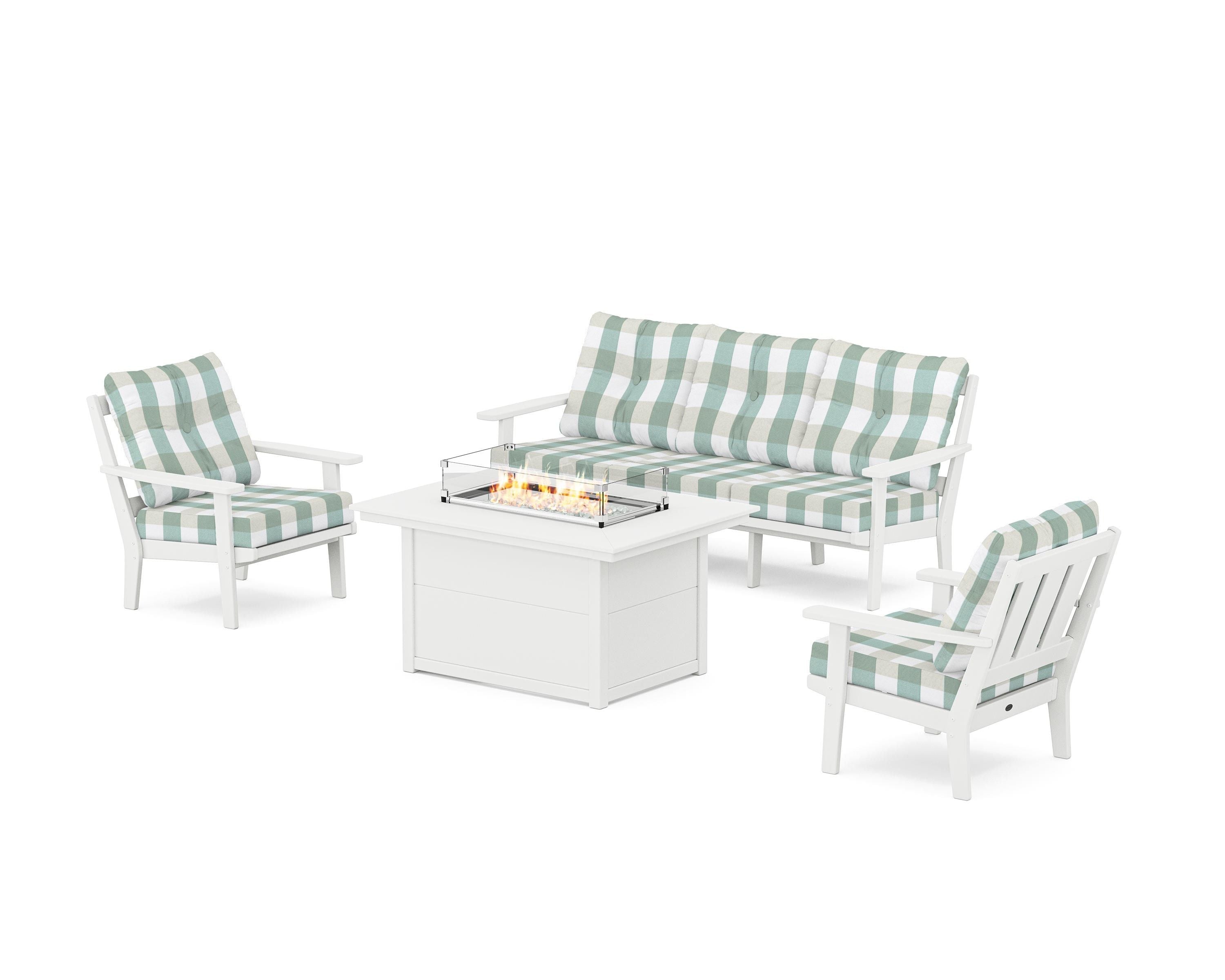 POLYWOOD® Oxford Deep Seating Fire Pit Table Set in White / Buffalo Plaid Glacier Spa