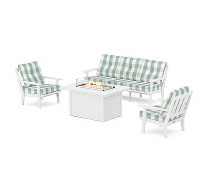 POLYWOOD® Oxford Deep Seating Fire Pit Table Set in White / Buffalo Plaid Glacier Spa