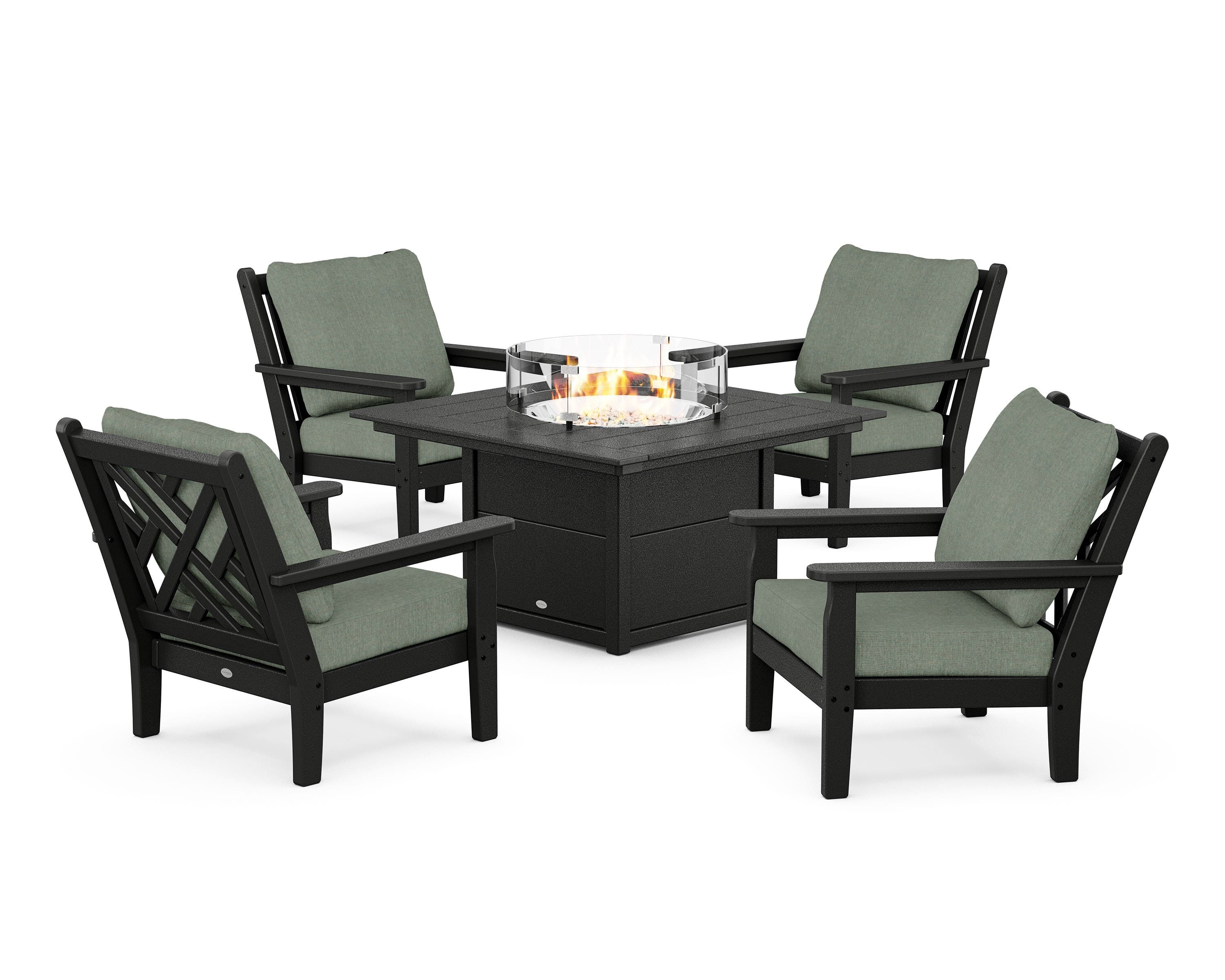POLYWOOD® Chippendale 5-Piece Deep Seating Set with Fire Pit Table in Black / Cast Sage