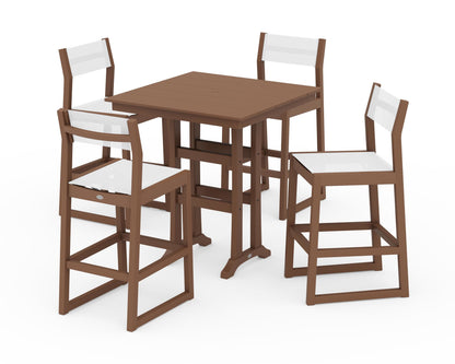 POLYWOOD® EDGE Sling Arm Chair 5-Piece Farmhouse Bar Set with Trestle Legs in Teak / White Sling