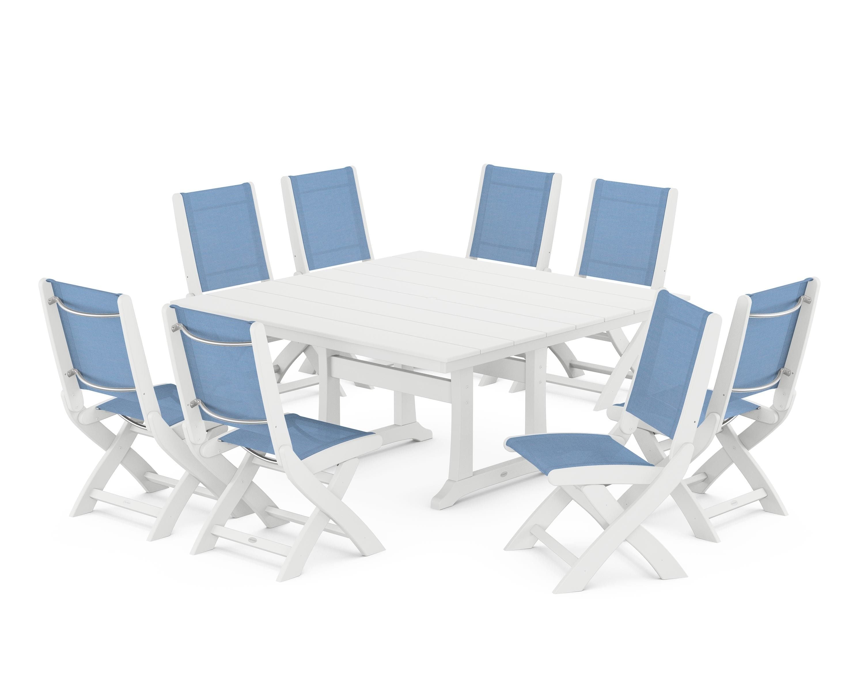 POLYWOOD® Coastal Folding Side Chair 9-Piece Farmhouse Dining Set in White / Poolside Sling