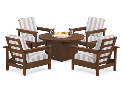 POLYWOOD® Club 5-Piece Conversation Set with Fire Pit Table in Teak / Cabana Stripe Dune Burlap