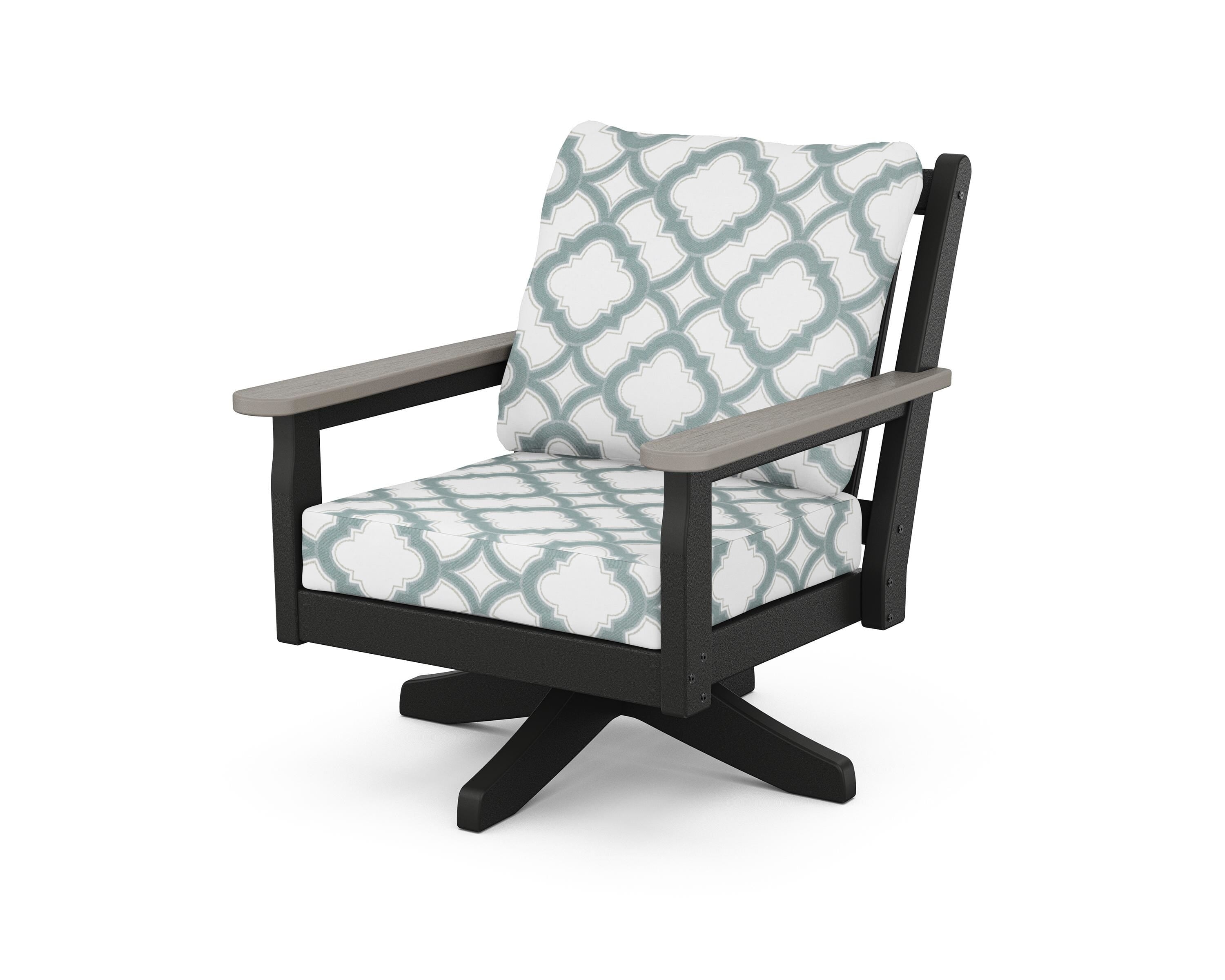 POLYWOOD® Chippendale Deep Seating Swivel Chair in Black / Driftwood / Trellis Glacier Spa