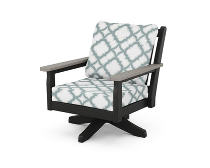 POLYWOOD® Chippendale Deep Seating Swivel Chair in Black / Driftwood / Trellis Glacier Spa