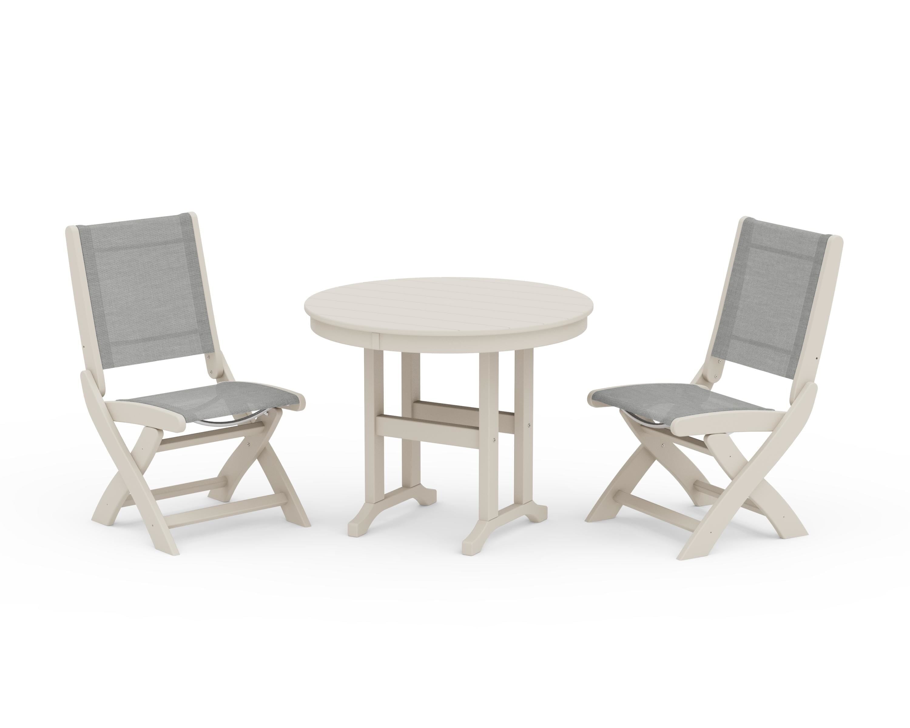 POLYWOOD® Coastal Folding Side Chair 3-Piece Round Dining Set in Sand / Metallic Sling