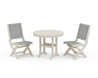 POLYWOOD® Coastal Folding Side Chair 3-Piece Round Dining Set in Sand / Metallic Sling