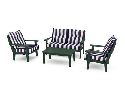 POLYWOOD® Lakeside 4-Piece Deep Seating Set in Green / Cabana Stripe Navy