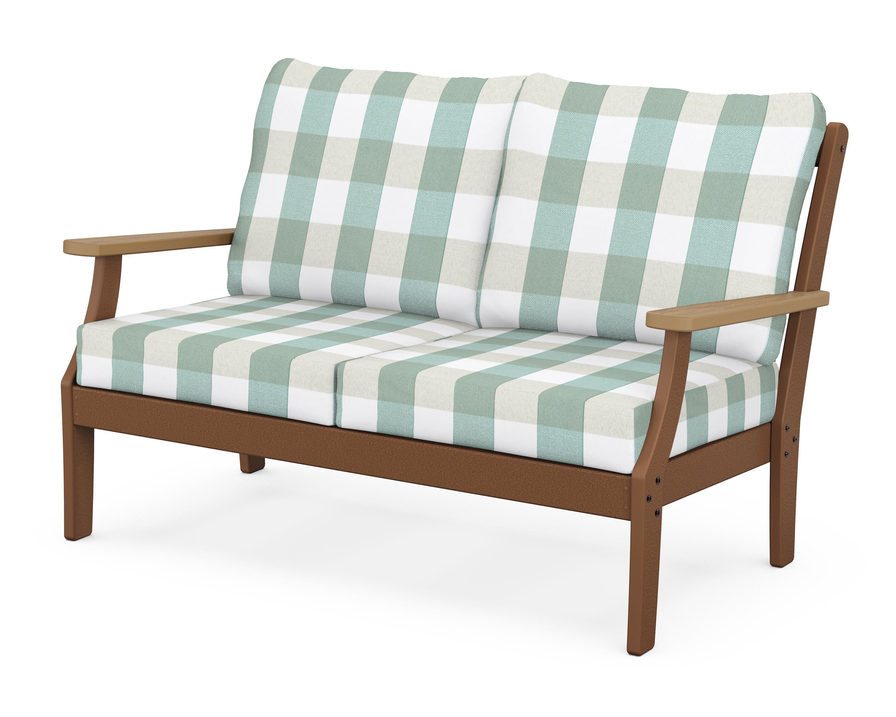 POLYWOOD® Braxton Deep Seating Loveseat in Teak / Natural / Buffalo Plaid Glacier Spa