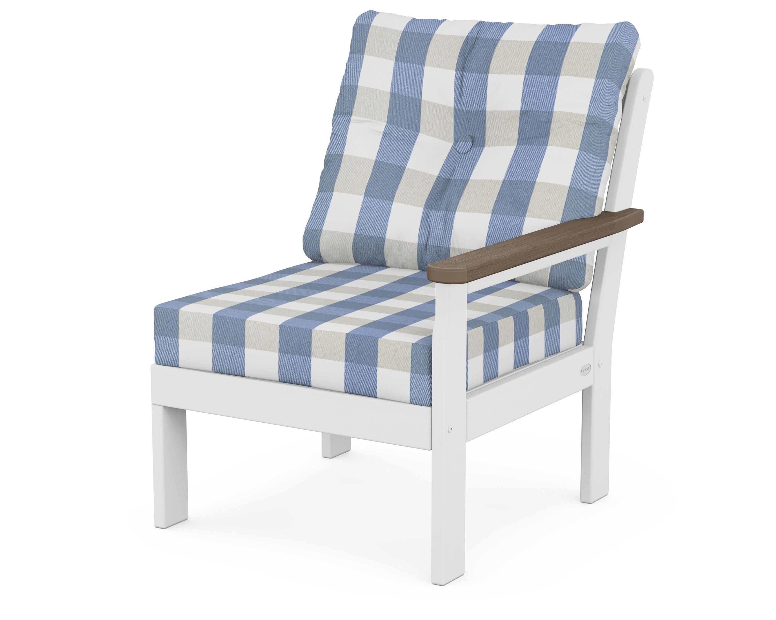 POLYWOOD® Vineyard Modular Right Arm Chair in White / Kona / Buffalo Plaid Sky Blue