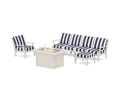 POLYWOOD® Braxton Sectional Lounge and Fire Pit Set in Sand / Cabana Stripe Navy