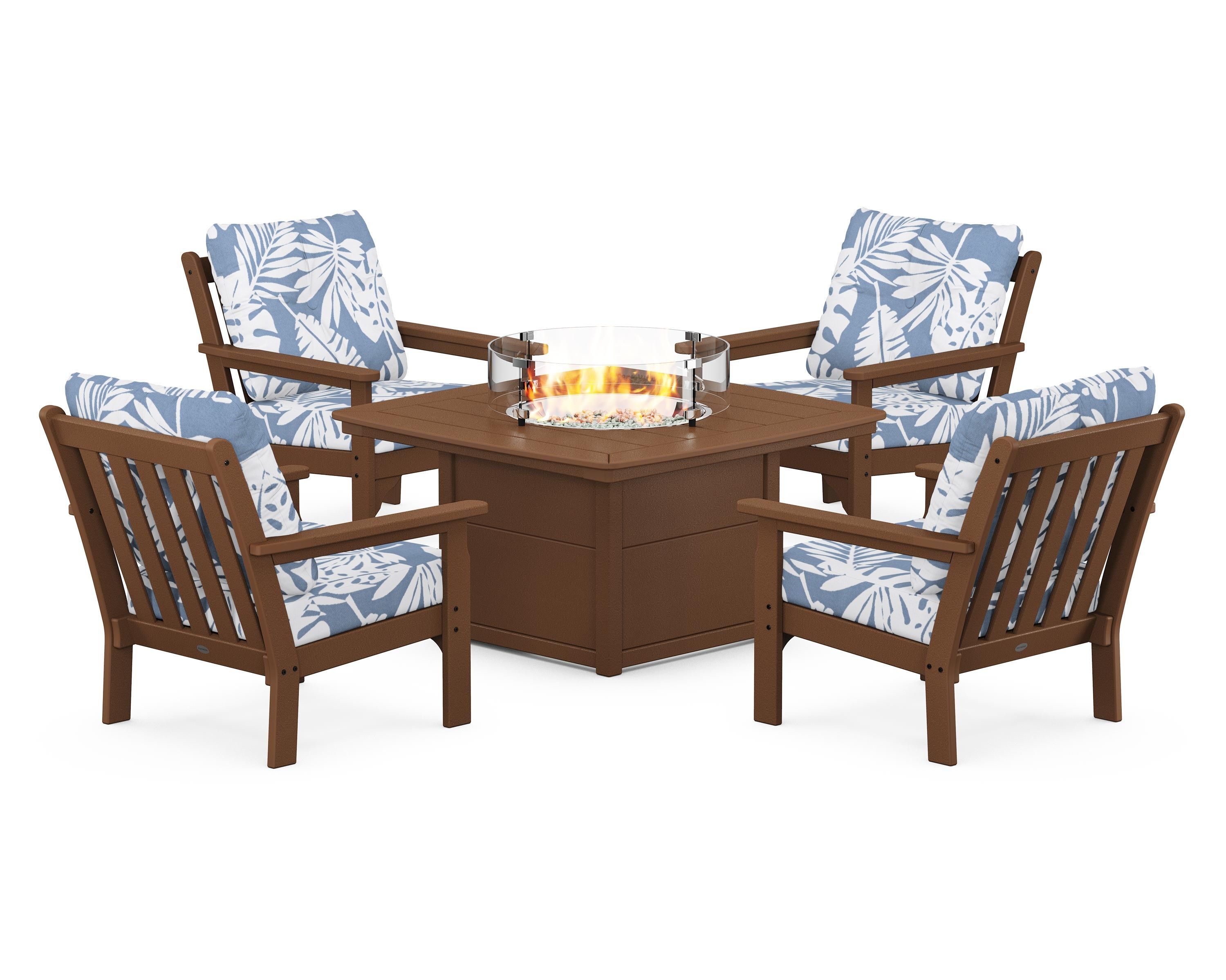 POLYWOOD® Vineyard 5-Piece Conversation Set with Fire Pit Table in Teak / Leaf Sky Blue