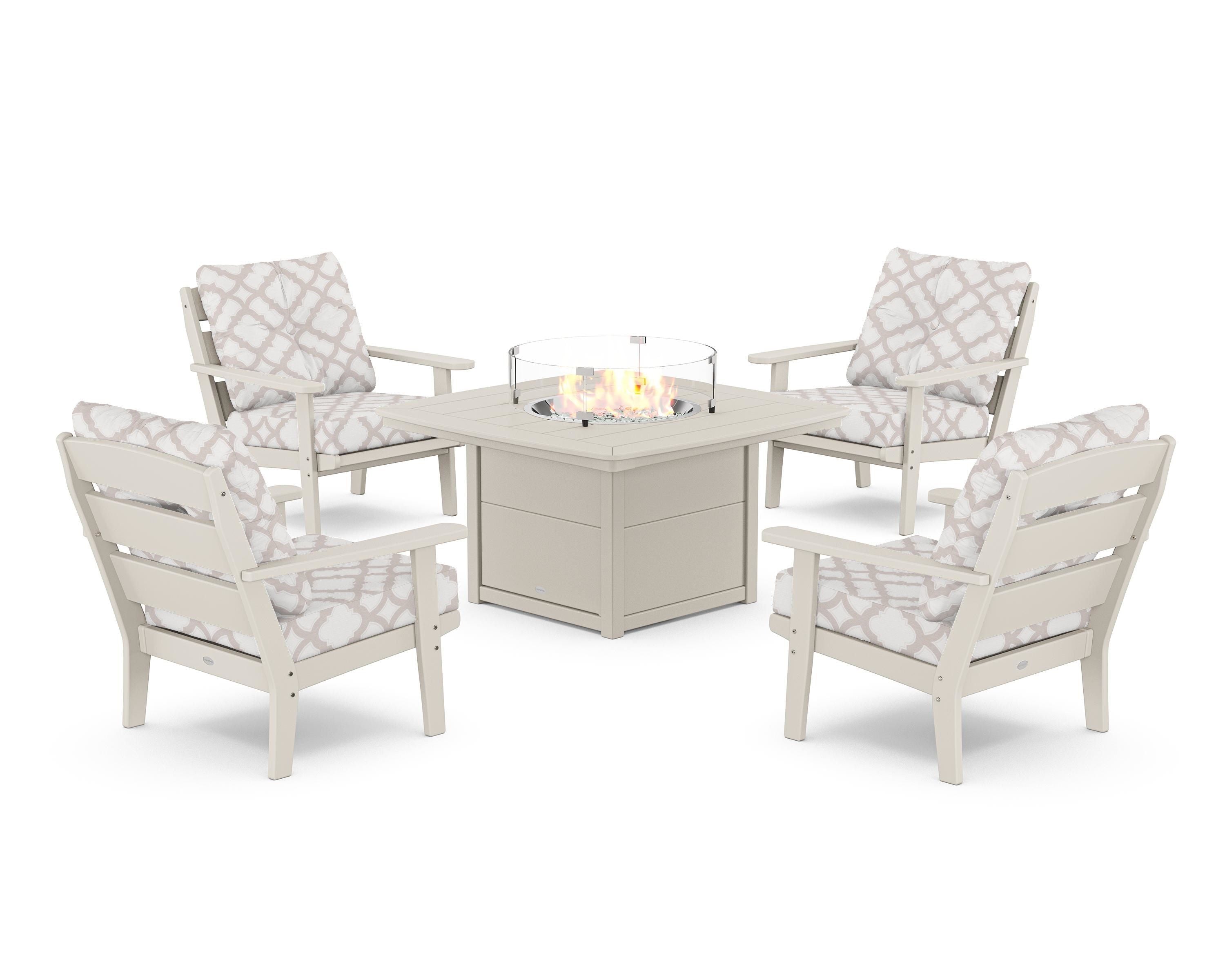 POLYWOOD® Lakeside 5-Piece Deep Seating Set with Nautical Fire Pit Table in Sand / Trellis Dune Burlap