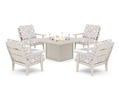 POLYWOOD® Lakeside 5-Piece Deep Seating Set with Nautical Fire Pit Table in Sand / Trellis Dune Burlap