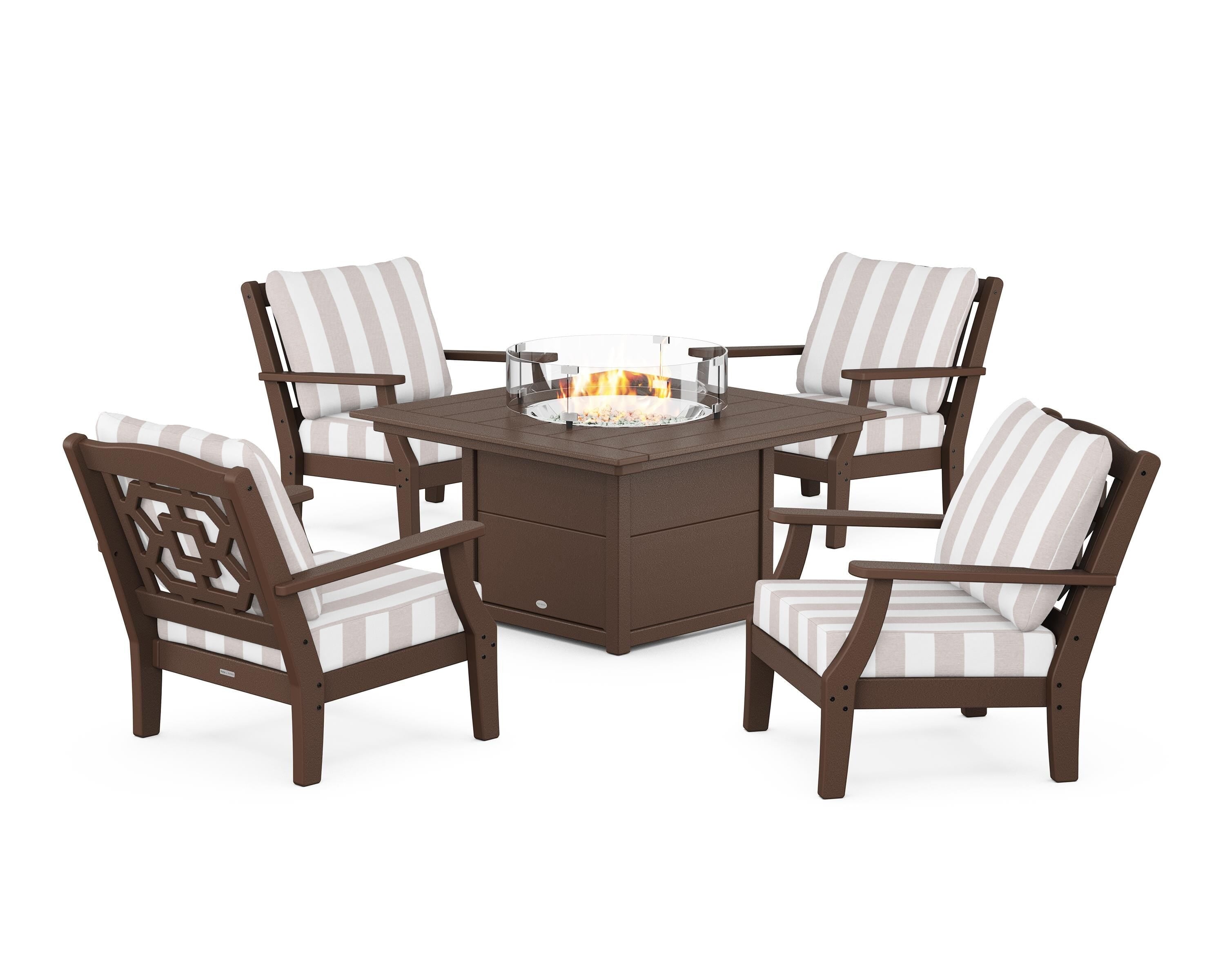 Martha Stewart by POLYWOOD® Chinoiserie 5-Piece Deep Seating Set with Fire Pit Table in Mahogany / Cabana Stripe Dune Burlap