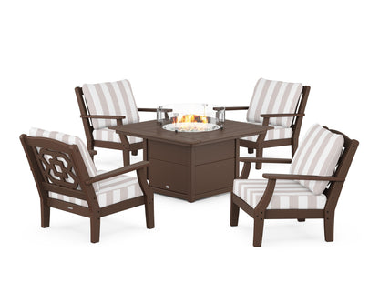 Martha Stewart by POLYWOOD® Chinoiserie 5-Piece Deep Seating Set with Fire Pit Table in Mahogany / Cabana Stripe Dune Burlap
