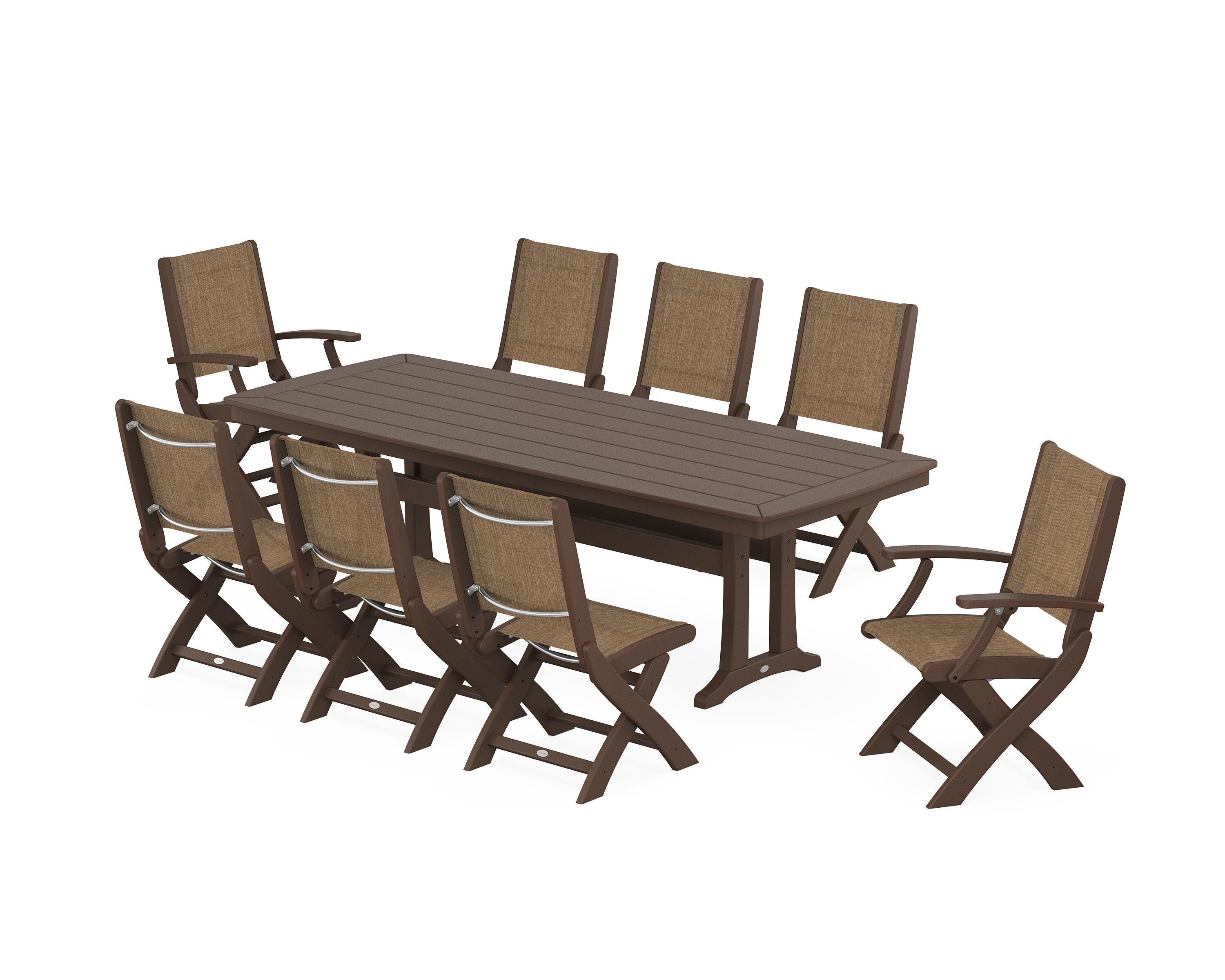 POLYWOOD® Coastal Folding 9-Piece Dining Set with Trestle Legs in Mahogany / Burlap Sling