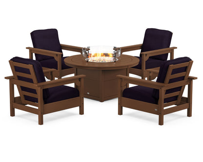 POLYWOOD® Club 5-Piece Conversation Set with Fire Pit Table in Teak / Navy Linen