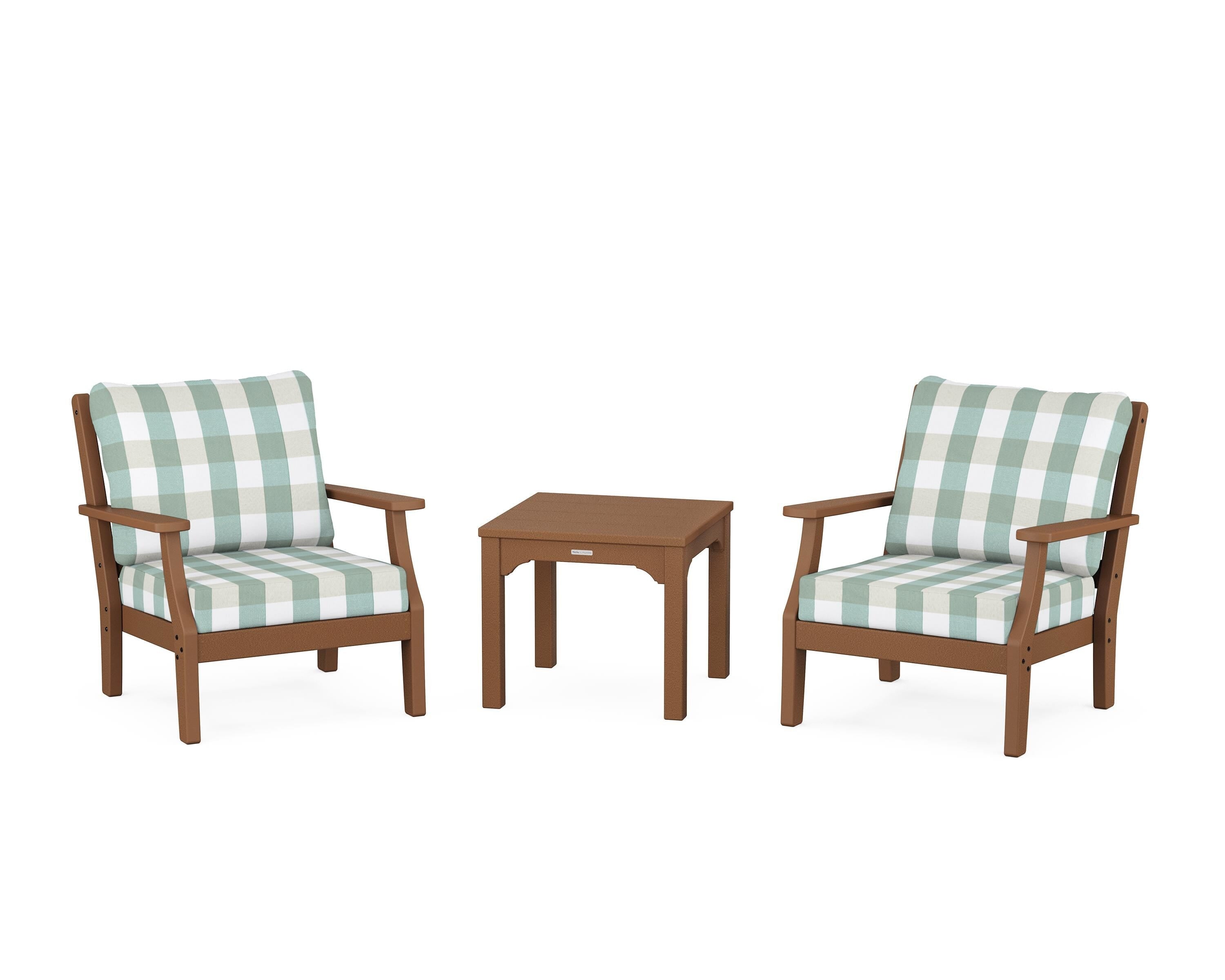 Martha Stewart by POLYWOOD® Chinoiserie 3-Piece Deep Seating Set in Teak / Buffalo Plaid Glacier Spa