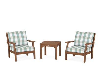 Martha Stewart by POLYWOOD® Chinoiserie 3-Piece Deep Seating Set in Teak / Buffalo Plaid Glacier Spa