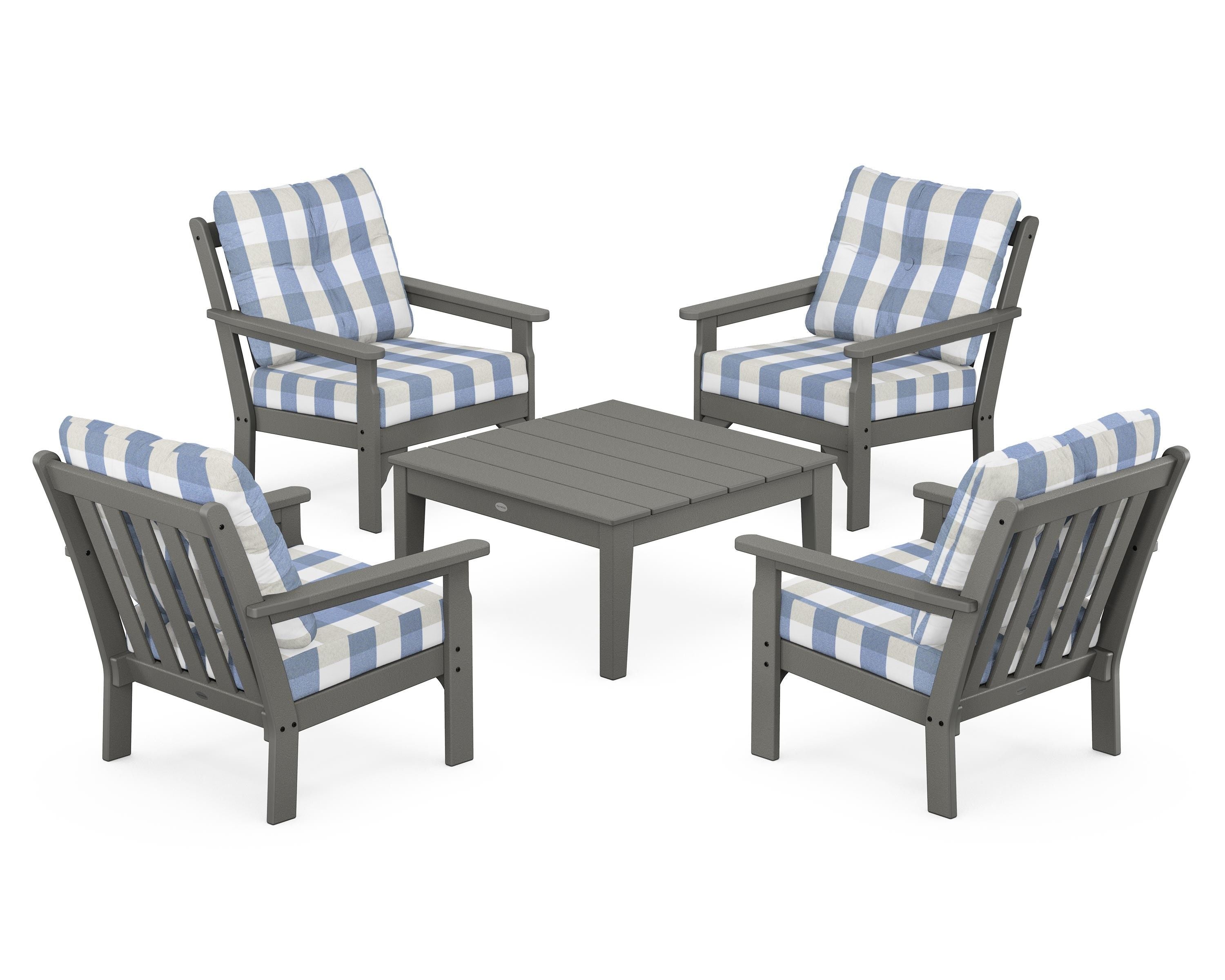 POLYWOOD® Vineyard 5-Piece Deep Seating Conversation Set in Slate Grey / Buffalo Plaid Sky Blue