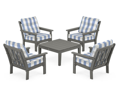POLYWOOD® Vineyard 5-Piece Deep Seating Conversation Set in Slate Grey / Buffalo Plaid Sky Blue
