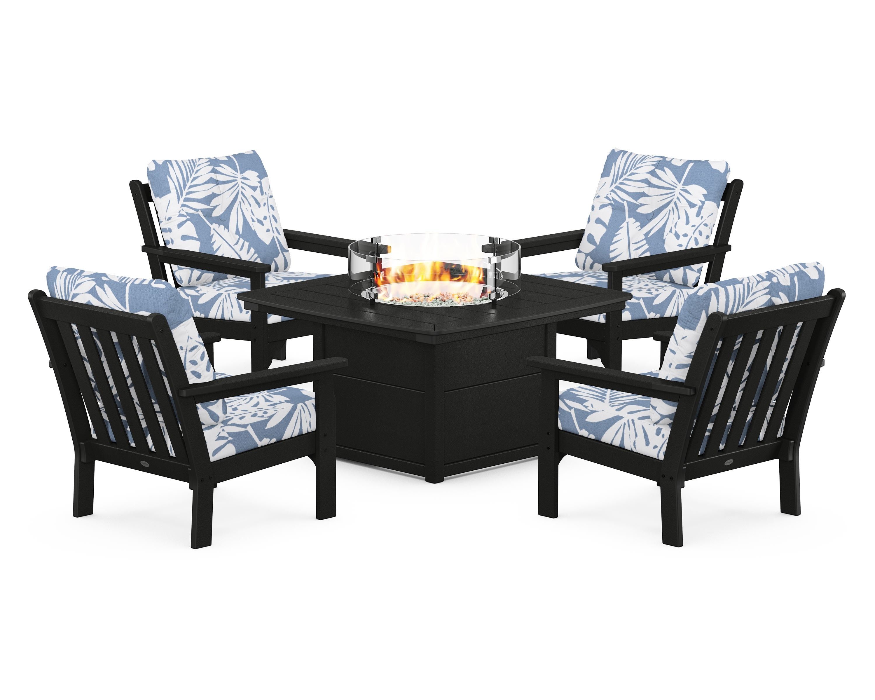 POLYWOOD® Vineyard 5-Piece Conversation Set with Fire Pit Table in Black / Leaf Sky Blue