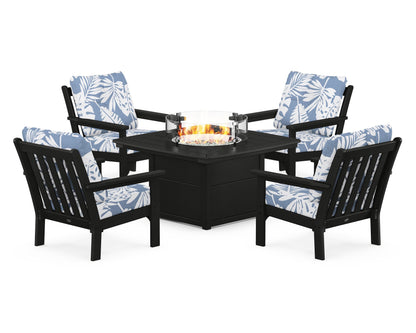 POLYWOOD® Vineyard 5-Piece Conversation Set with Fire Pit Table in Black / Leaf Sky Blue