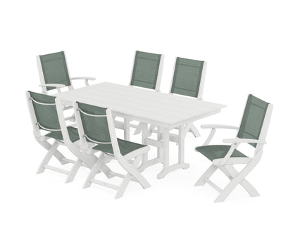 POLYWOOD® Coastal Folding Chair 7-Piece Farmhouse Dining Set in White / Dupioni Sea Mist Sling