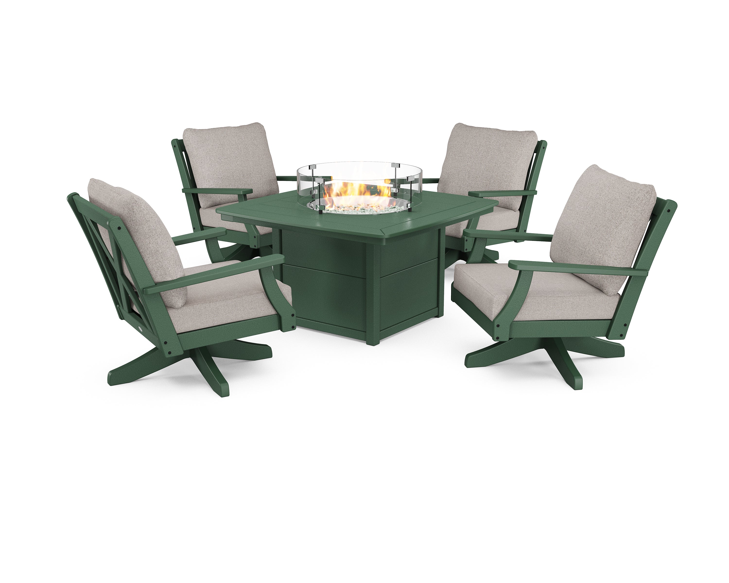 POLYWOOD® Braxton 5-Piece Deep Seating Swivel Conversation Set with Fire Pit Table in Green / Weathered Tweed