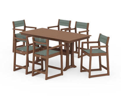 POLYWOOD® EDGE Sling Arm Chair 7-Piece Farmhouse Counter Set with Trestle Legs in Teak / Dupioni Sea Mist Sling