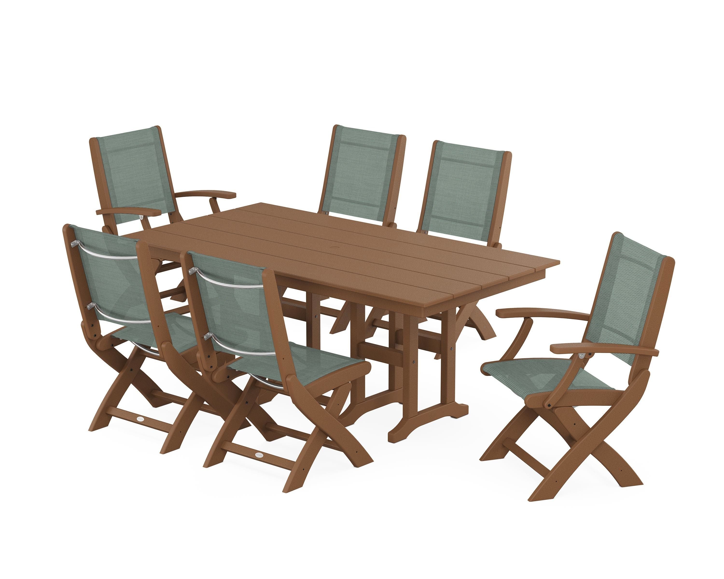 POLYWOOD® Coastal Folding Chair 7-Piece Farmhouse Dining Set in Teak / Dupioni Sea Mist Sling