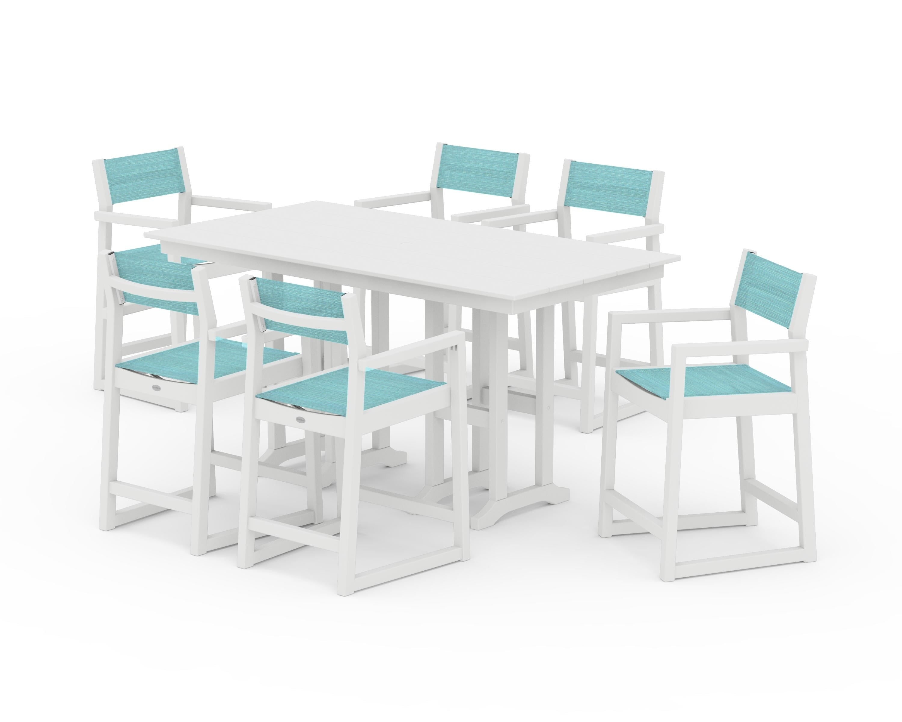 POLYWOOD® EDGE Sling Arm Chair 7-Piece Farmhouse Counter Set in White / Dupioni Aquamarine Sling