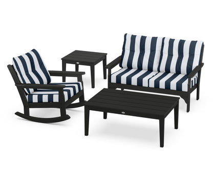 POLYWOOD® Vineyard 4-Piece Deep Seating Rocker Set in Black / Cabana Stripe Marine Indigo