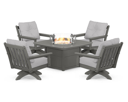 POLYWOOD® Vineyard 5-Piece Deep Seating Swivel Conversation Set with Fire Pit Table in Slate Grey / Granite