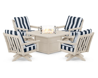 POLYWOOD® Vineyard 5-Piece Deep Seating Swivel Conversation Set with Fire Pit Table in Sand / Cabana Stripe Marine Indigo