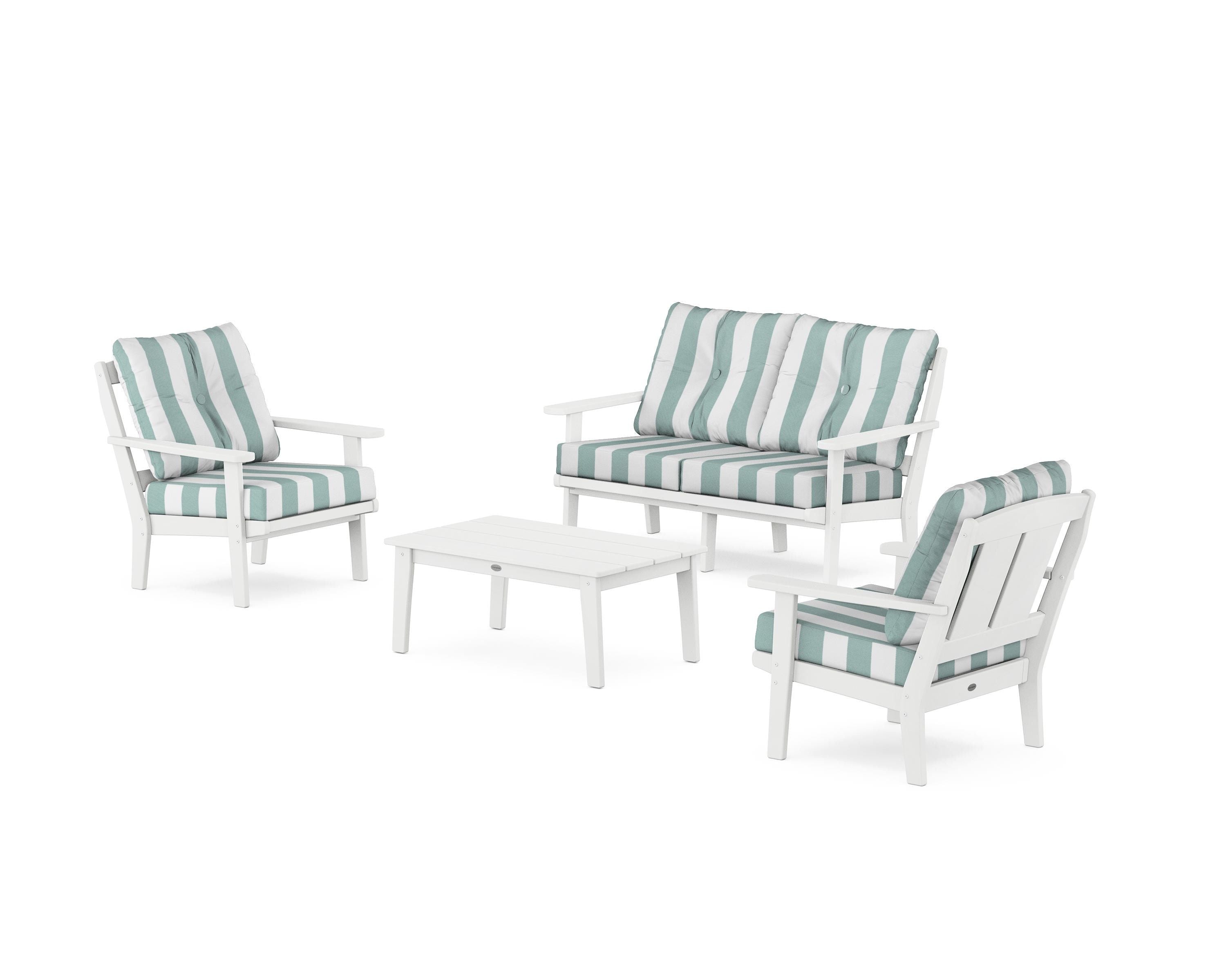POLYWOOD® Mission 4-Piece Deep Seating Set with Loveseat in White / Cabana Stripe Glacier Spa