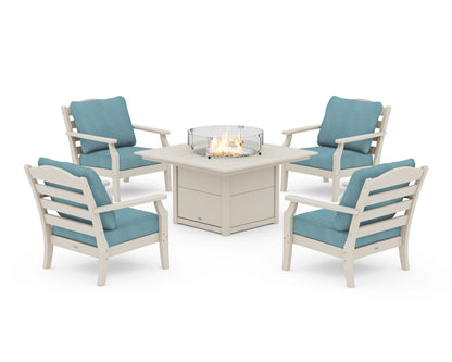 Draper James™ by  POLYWOOD® Savannah 5-Piece Deep Seating Set with Fire Pit Table in Sand / Lattice Sky Blue