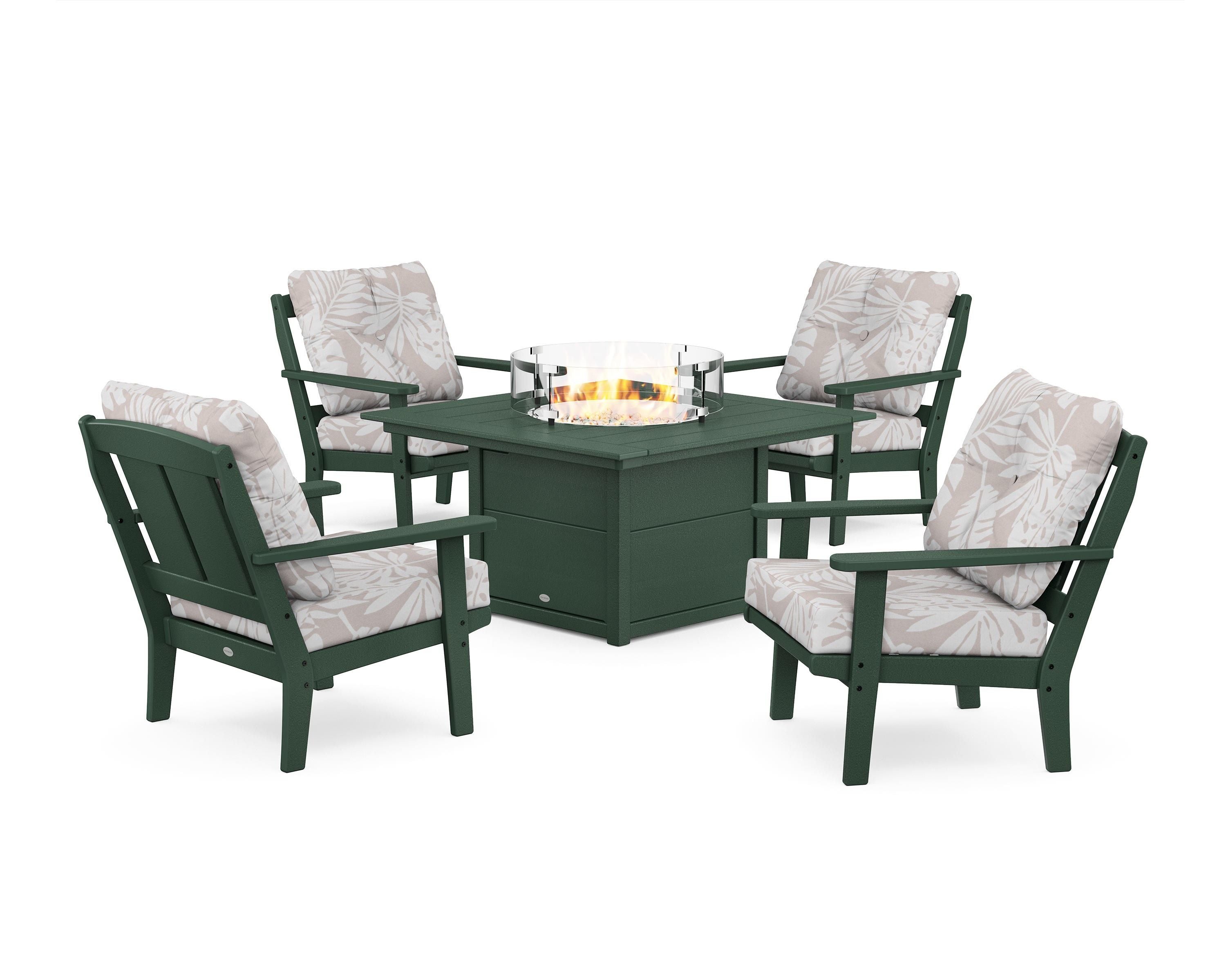 POLYWOOD® Mission 5-Piece Deep Seating Set with Fire Pit Table in Green / Leaf Dune Burlap